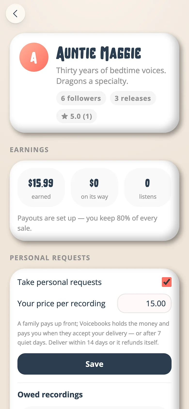 A Voicebooks recording artist's public page with releases, reviews and a follow button
