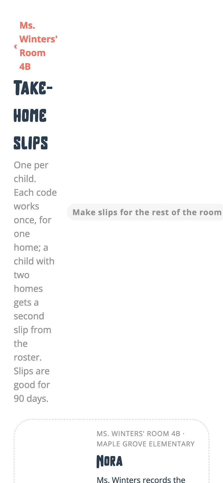 Voicebooks take-home slips for a classroom, each with a code and a QR