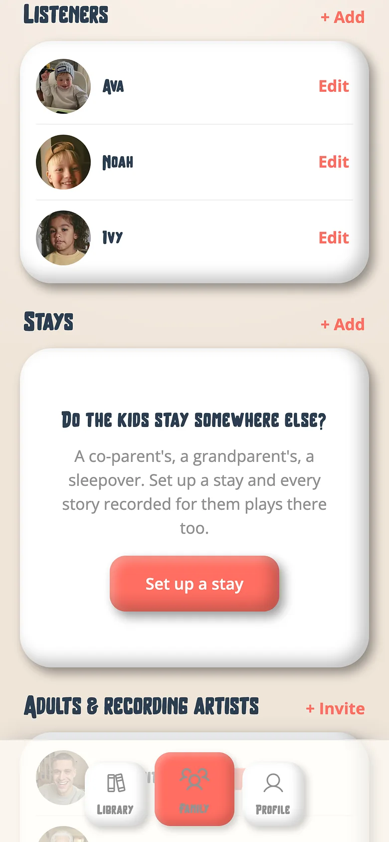 The Voicebooks Family tab listing the children who listen