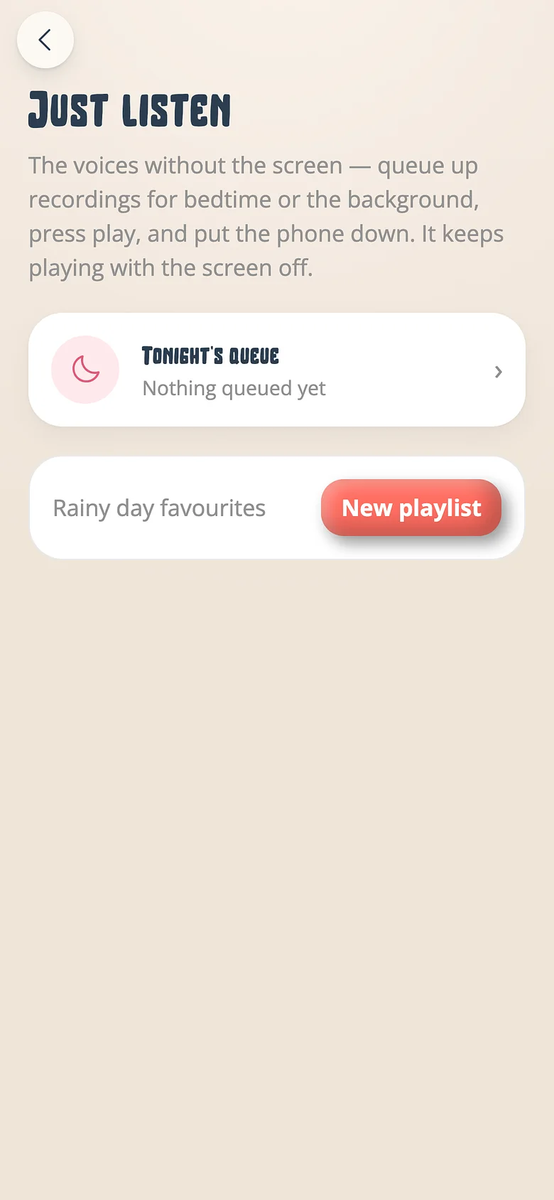 The Voicebooks playlists screen with tonight's queue and saved playlists