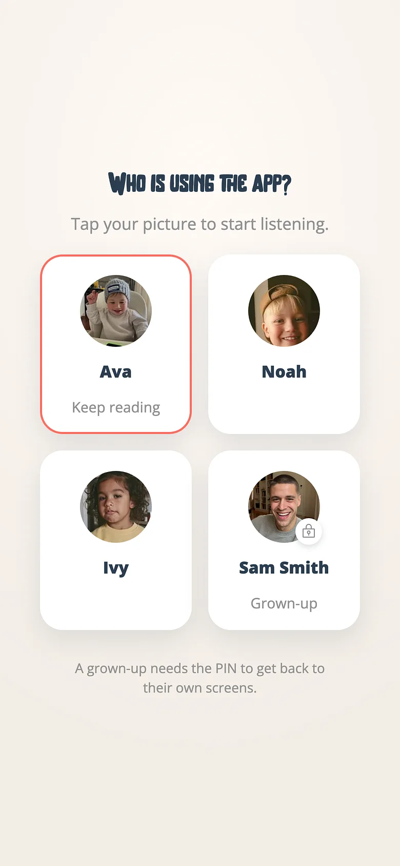 The Voicebooks profile chooser where a child picks their own name