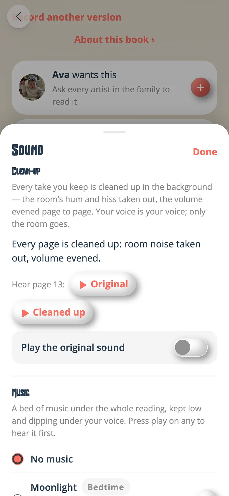 The sound sheet for a Voicebooks recording, choosing background music and Voice Care