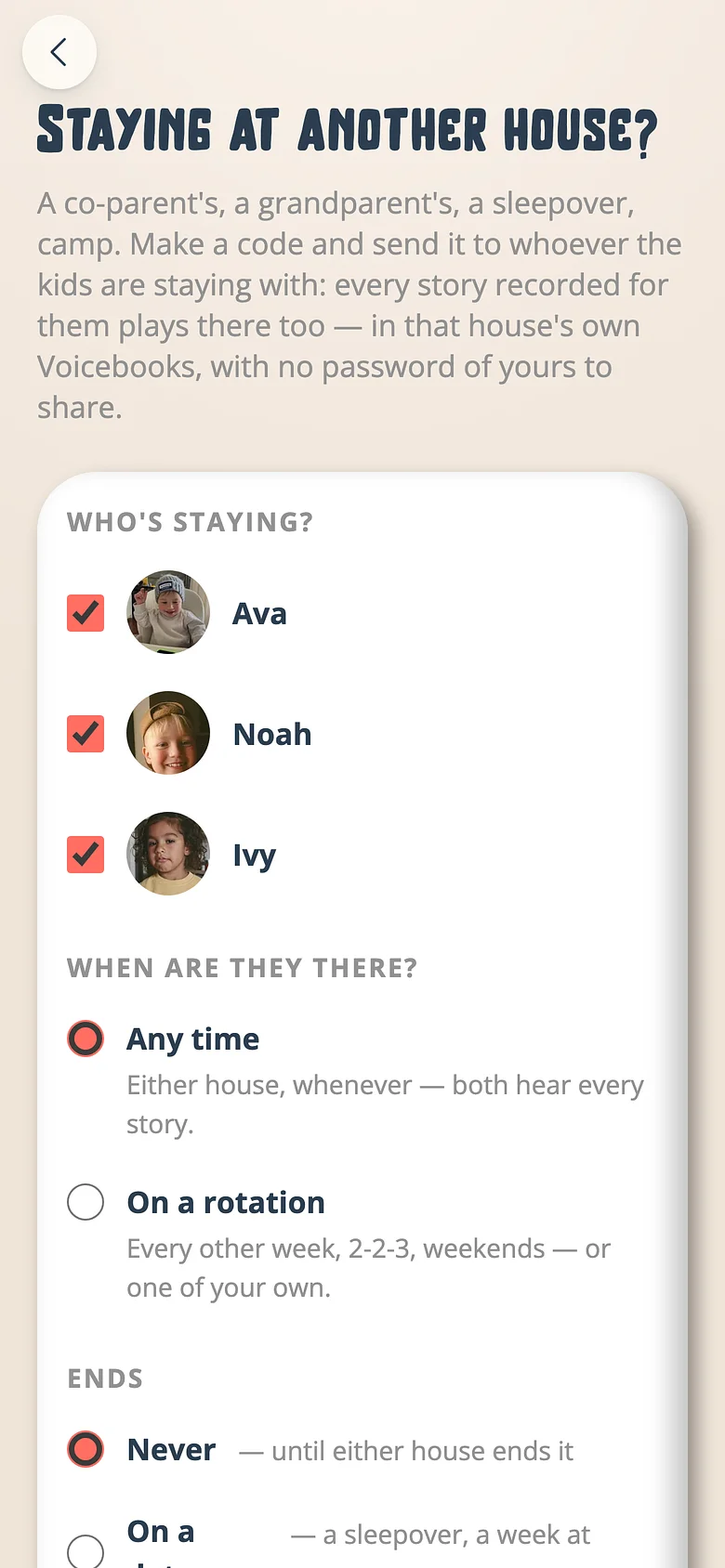 The Voicebooks form for a new stay, choosing the kids and the custody rhythm